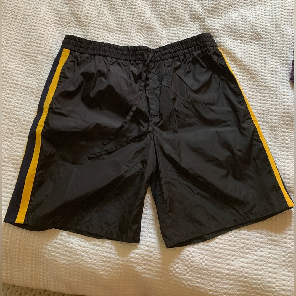 GUCCI Men’s Swim Trunks - Black Nylon with Navy Blue and Yellow Striped Sides